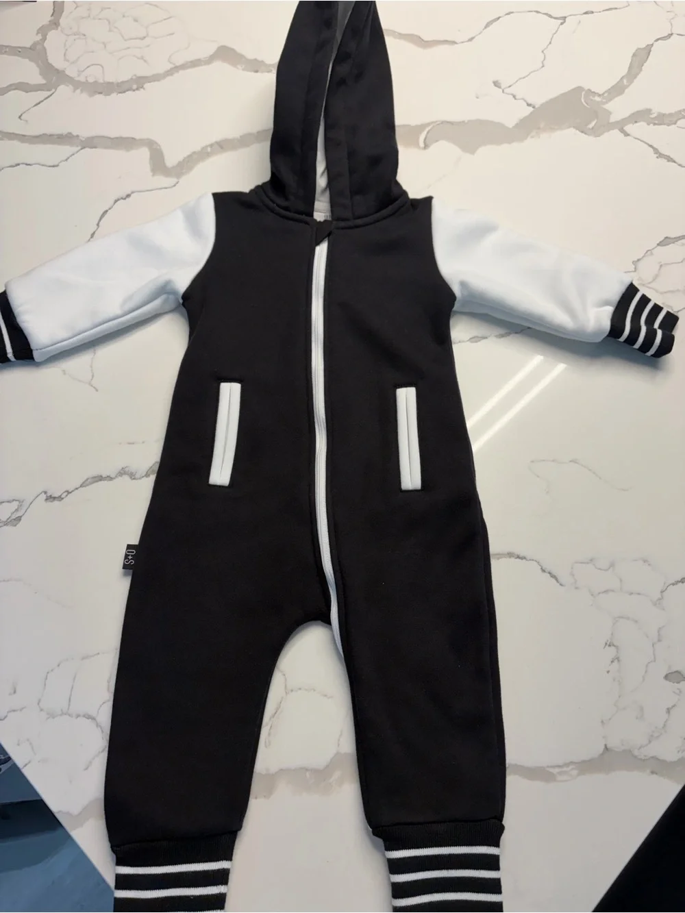 Olive and Scout Black & White Hooded One-Piece Jumpsuit